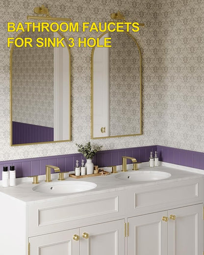 2 Pack Brushed Gold Bathroom Faucet 3 Hole 8 Inch Widespread Waterfall | Bathroom Sink Faucets 2 Handles with Pop-up Drain Supply Lines for Bath Vanity Commercial Lavatory Rv Restroom Homevacious