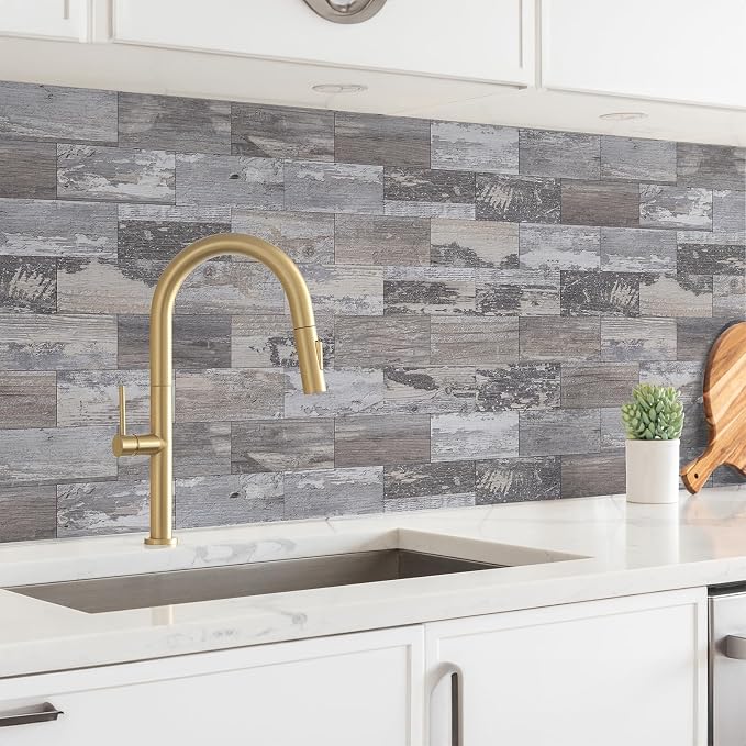 StyloVue 4 Pieces Peel and Stick Backsplash for Kitchen, 3" x 6" PVC Subway Tile Upgraded Distressed Wood Backsplash Stick on Tile Elevate Kitchen, Bathroom, Fireplace,RV
