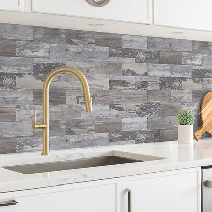 StyloVue 4 Pieces Peel and Stick Backsplash for Kitchen, 3" x 6" PVC Subway Tile Upgraded Distressed Wood Backsplash Stick on Tile Elevate Kitchen, Bathroom, Fireplace,RV