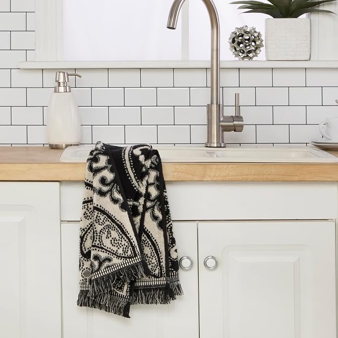 SKL Home Amherst Medallion Hand Towel Set-2pc, Premium 100% Cotton, Black | 600 GSM. Spa-level quality. Soft & absorbent, reversible jacquard. For the bathroom, kitchen, bar or any sink space.