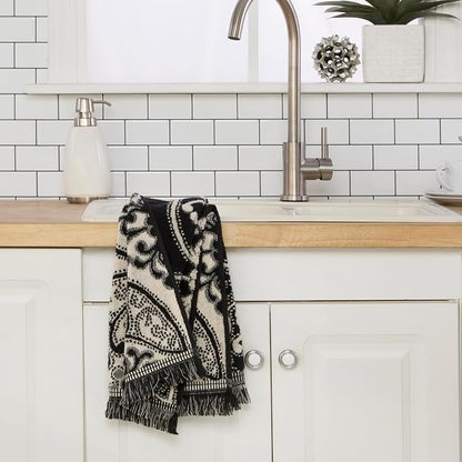 SKL Home Amherst Medallion Hand Towel Set-2pc, Premium 100% Cotton, Black | 600 GSM. Spa-level quality. Soft & absorbent, reversible jacquard. For the bathroom, kitchen, bar or any sink space.
