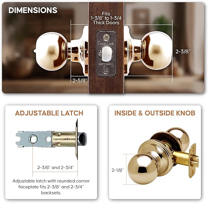 Copper Creek Passage Interior Door Knob – ANSI Grade-3 Certified, Modern Heavy Duty Handle, Easy Install and Reversible for Bedroom, Bathroom & Closets – Polished Brass (1 Pack)
