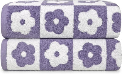 2-Pieces Luxury Bath Towels Checkered Floral, Purple Towels for Women Girls | Shower Body 27.5x55 Inches, Cute Bathroom Decor, Cotton