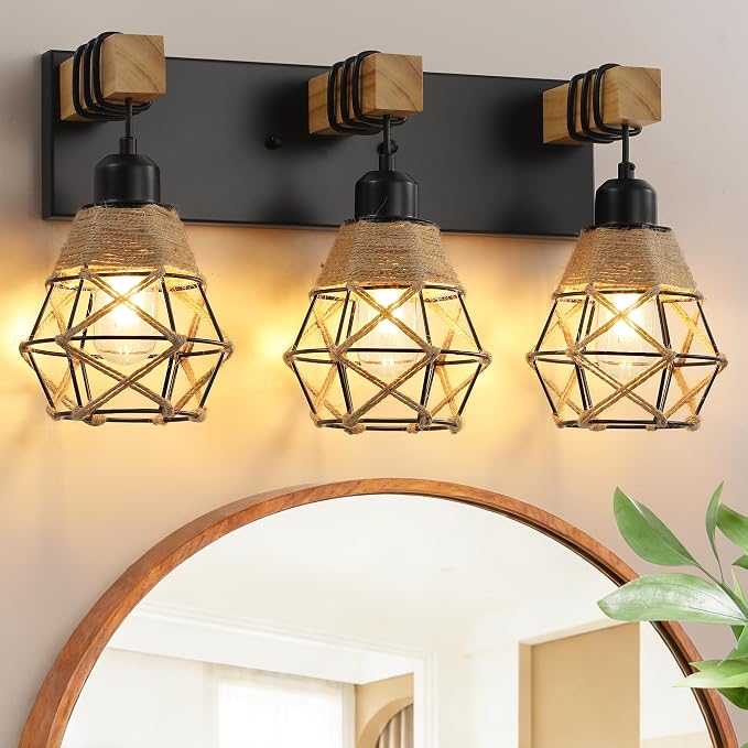 LmnLvn 3-Light Bathroom Vanity Light, Boho Farmhouse Hemp Rope Cage Shade | Wood & Black Metal Frame, Rustic Vanity Lighting, Mounted Over Mirror, Easy To Install for Restroom, Bedroom & Hallway