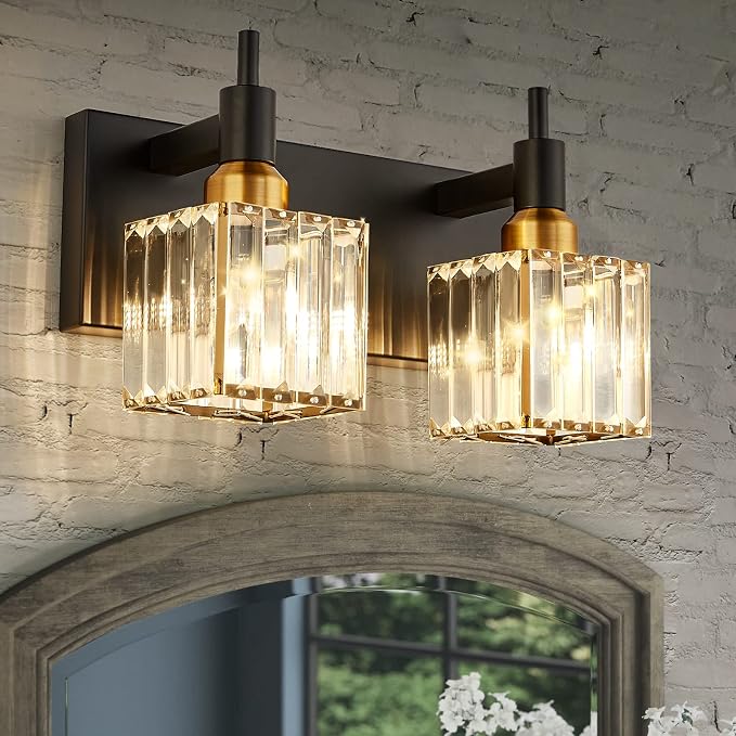 Modern Crystal Bathroom Vanity Light 2-Lights Black and Gold Bathroom Light Fixtures Over Mirror Bath Wall Sconce Lighting with Adjustment Angle
