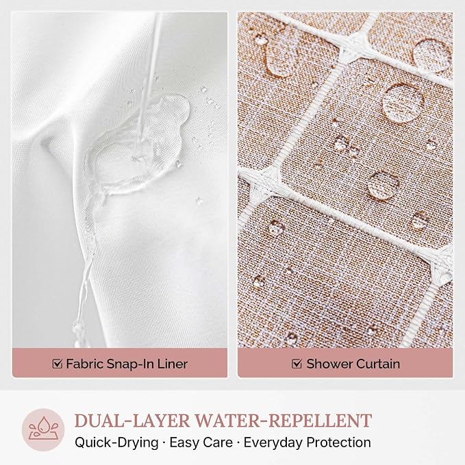 River Dream Farmhouse No Hooks Shower Curtain with Snap-in Liner,Pink,71x74 | Snap on Fabric Liner,Heavy Duty,Quick Dry,Mesh Top Window,With Bottom Magnets,Washable,with Tassels,Standard Size