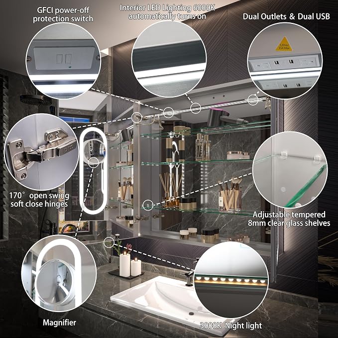 Recessed Medicine Cabinet with Lights, 36x36 Lighted Medicine Cabinet with Mirror, 5XMagnifier, GFCI Outlet, Soft-closed, Front&Backlit, Anti-Fog, Dimmable&Tunable, Sensor Lights, Adjustable Shelves