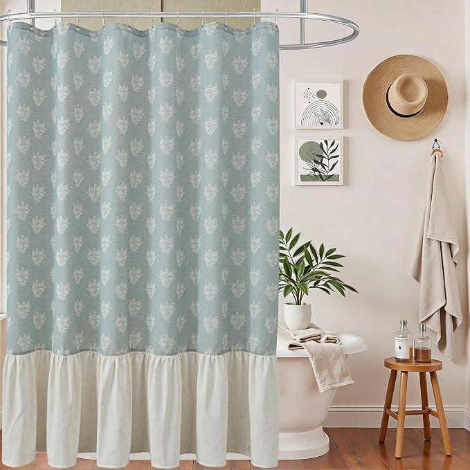 ORTIGIA Linen Textured Ruffle Shower Curtain with Metal Hooks, Blue Vintage Block Print Floral Boho Waterproof Bath Curtain for Rustic Farmhouse Bathroom Decor 72x72 Inch