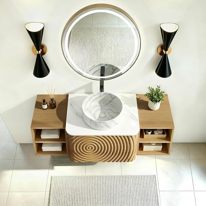 48" Floating Bathroom Vanity with Sink, Mid-Century Wall Mounted Bathroom Vanity Cabinet with Wood Waved Decor,Marble Ceramic Basin and Sintered Stone Top, Soft Close Drawer, 2 Side Open Cube