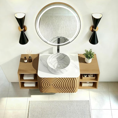 48" Floating Bathroom Vanity with Sink, Mid-Century Wall Mounted Bathroom Vanity Cabinet with Wood Waved Decor,Marble Ceramic Basin and Sintered Stone Top, Soft Close Drawer, 2 Side Open Cube