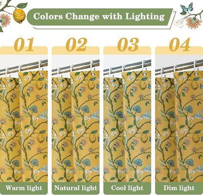 Yellow Floral Bird Shower Curtain 72x75, Hummingbird and Lemon Botanical Fabric Bath Curtains, Lightweight Quick-Dry Bathroom Decor Set with Hooks