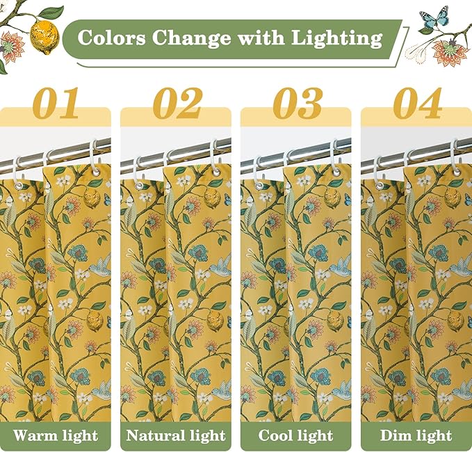 Yellow Floral Bird Shower Curtain 72x78, Hummingbird and Lemon Botanical Fabric Bath Curtains, Lightweight Quick-Dry Bathroom Decor Set with Hooks