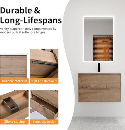 30 inch Floating Bathroom Vanity with Ceramic Sink, 30'' Wall Mounted Cabinet with 2 Soft-Closing Drawers, Space Saving for Small Bathroom, Modern Storage Cabinet, Brown Finish