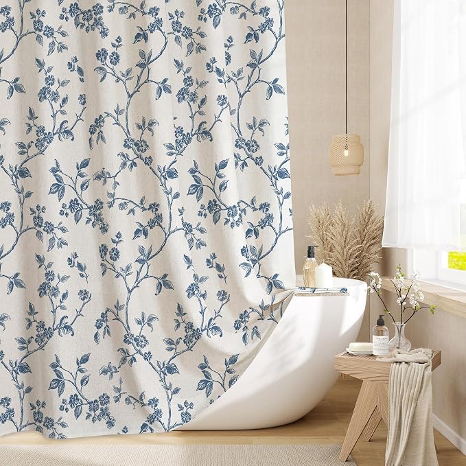 MitoVilla Long Linen Floral Shower Curtain for Bathroom,72 x 78 | Long Cottagecore Spring Shower Curtains for Bathroom, Modern Farmhouse Country Plant Leaves Bathroom Décor, 72 x 78