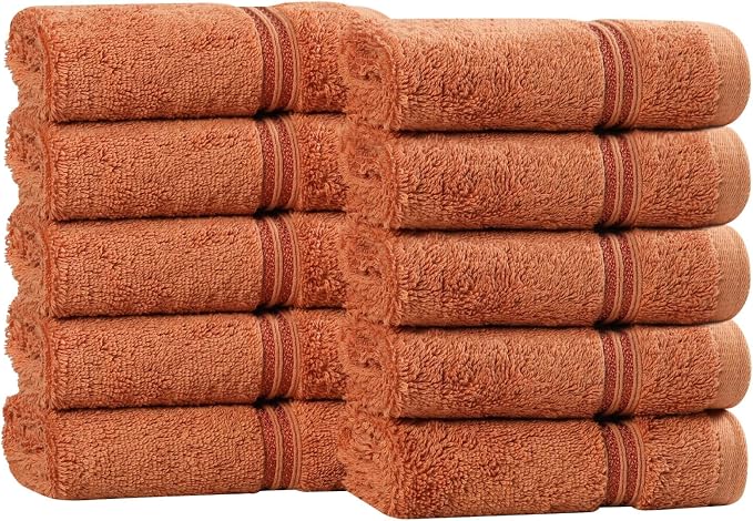 Superior Egyptian Cotton Face Towel/Washcloth Set, Small Towels for Home Bathroom, Master Bath, Decor Essentials, Quick Dry, Absorbent, Spa, Hotel, Resort, Adult, Kids, Set of 10, Caramel Brown