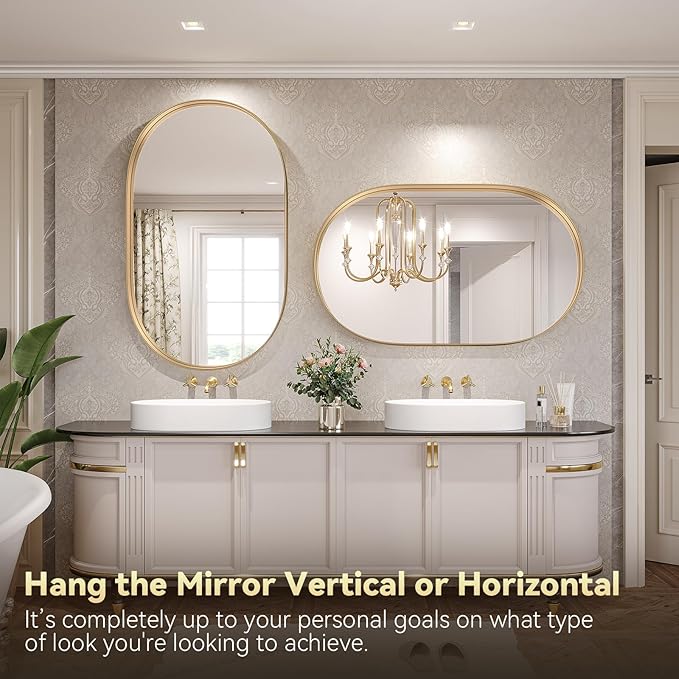 Brightify Gold Oval Mirror for Wall, 30x48 Metal Framed Bathroom Vanity Mirrors Gold, Modern Large Mirror for Bedroom Living Room Wall Decorative Hang Vertical and Horizontal