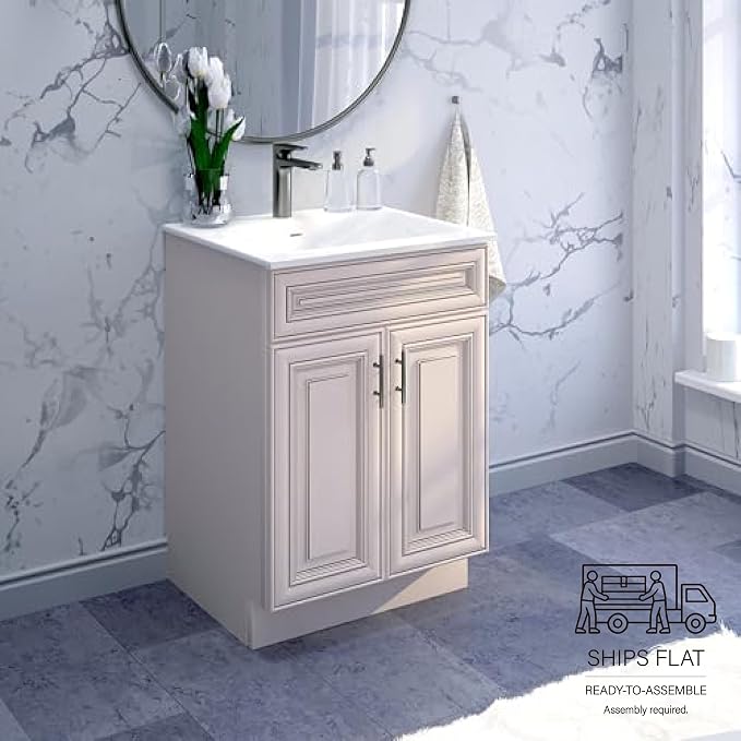 24" Antique White Bathroom Vanity Base – Ready-to-Assemble Sink Cabinet, Freestanding Bathroom Vanity Base Only, No Top or Sink
