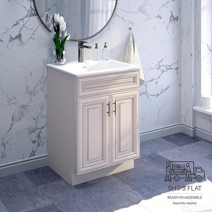 24" Antique White Bathroom Vanity Base – Ready-to-Assemble Sink Cabinet, Freestanding Bathroom Vanity Base Only, No Top or Sink