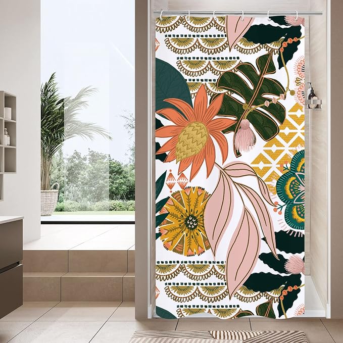 Boho Floral Shower Curtain, Pink Botanical Fabric Curtain, 72 x 72 | Boho floral, vintage botanical, dark floral, rustic farmhouse, colorful flowers, fabric shower curtain