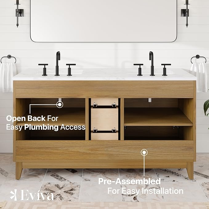 Graham 60 in. Oak Double Sink Bath Vanity with Arabescato Engineered Stone Top and Undermount Porcelain Sinks