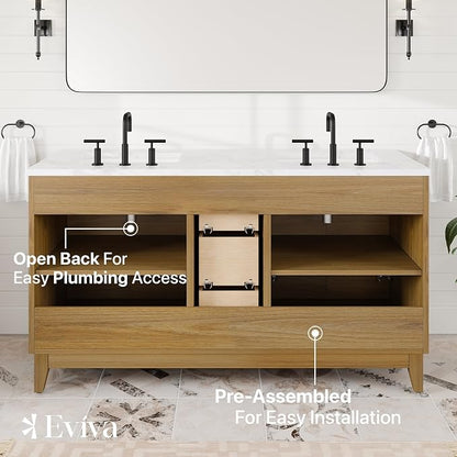 Graham 60 in. Oak Double Sink Bath Vanity with Arabescato Engineered Stone Top and Undermount Porcelain Sinks