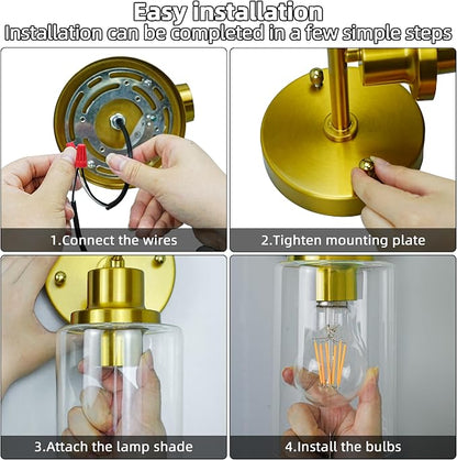 Bathroom Wall Sconce with Clear Glass Shade, Brushed Gold Vanity Light | E26 Bulb Base, Clear Glass Shade, Modern Wall Light Fixture for Mirror, Bedroom, Hallway, Wall Lamp Wall Mount Light