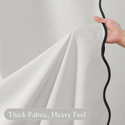 Linen Scallop Shower Curtain with 12 Clear Hooks, Waterproof, 72x84, White | Cute Washable Heavy Duty Thick Fabric with Black Border, Neutral Modern Farmhouse Boho Décor