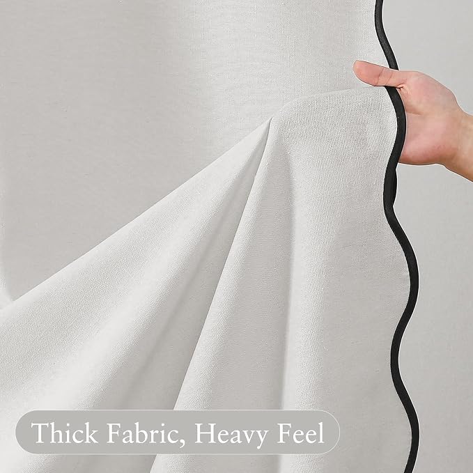 Linen Scallop Shower Curtain with 12 Clear Hooks, Waterproof, 72x72, White | Waterproof Heavy Duty Thick Fabric with Black Border, Neutral Boho Farmhouse Bathtub Shower Curtain