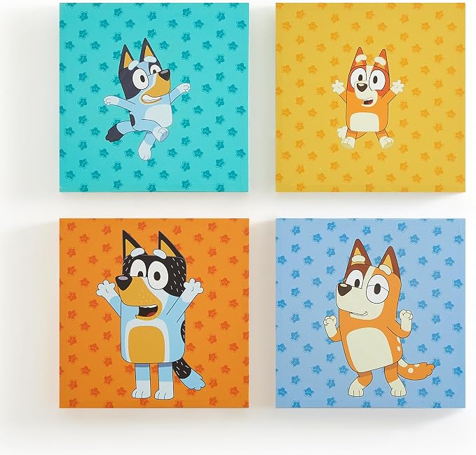 Bluey Canvas Wall Art – 4-Piece Set for Kids’ Room Décor, Each Print 12"x12", Colorful and Fun Artwork for Bedroom, Nursery, or Playroom