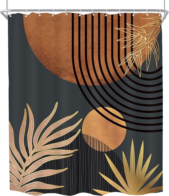 Mid Century Brown Black Boho Abstract Modern Bathroom Shower Curtain Set | 60Wx72L Plant Botanical design, waterproof HD print with fast-drying fabric and 12 hooks.