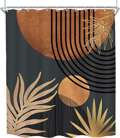 Mid Century Brown Black Boho Abstract Modern Bathroom Shower Curtain Set | 60Wx72L Plant Botanical design, waterproof HD print with fast-drying fabric and 12 hooks.