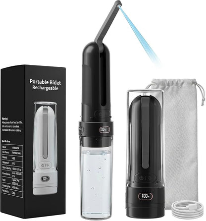 Electric Portable Bidet for Camping & Business Trips, Black | Pocket size whisper-quiet handheld sprayer 3 pressure modes 1600mAh Long-lasting Battery USB-C Rechargable IPX7 Waterproof