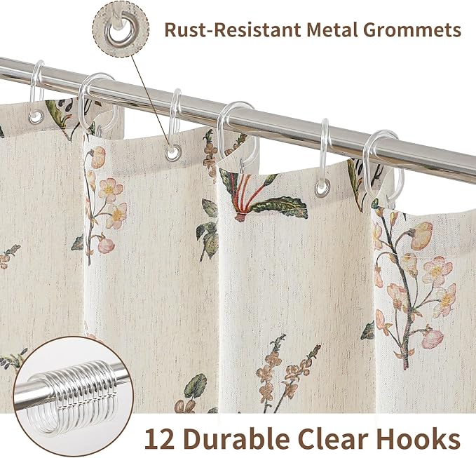 Colorful Star Farmhouse Beige Floral Linen Shower Curtain, 72" W x 78" L | Waterproof Shower Curtain Set with 12 Clear Hooks for Bathroom, Vintage Boho Farmhouse Linen Fabric Bathroom Curtains