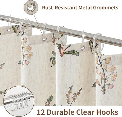 Colorful Star Farmhouse Beige Floral Linen Shower Curtain, 72" W x 78" L | Waterproof Shower Curtain Set with 12 Clear Hooks for Bathroom, Vintage Boho Farmhouse Linen Fabric Bathroom Curtains