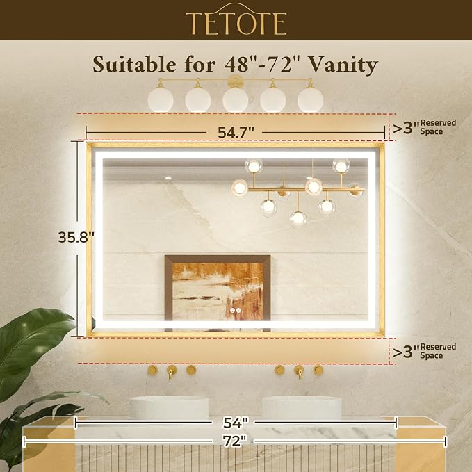 55 x 36 Bathroom LED Mirror Brushed Nickel Metal Frame Frontlit & Backlit Vanity Mirror Stepless Dimmable Anti-Fog 3 Colors White/Warm/Natural Light up Vanity Mirror Wall-Mounted