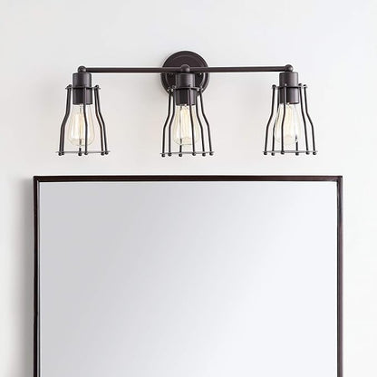 JONATHAN Y 24" Oil Rubbed Bronze Modern Industrial Metal Vanity Light, Bathroom Sconce for Mirror, Reversible 3-Light Wall Lamp with Metal Cage Shade for Hallway, LED Bulb Included (JYL7421A)