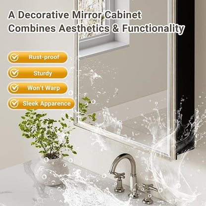 Pre-Assembled Surface or Recessed Medicine Cabinet Mirror-16x24 Brushed Nickel Bathroom Medicine Cabinet with Mirror & Rustproof Aluminum Frame, Beveled Bathroom Vanity Mirror with Storage