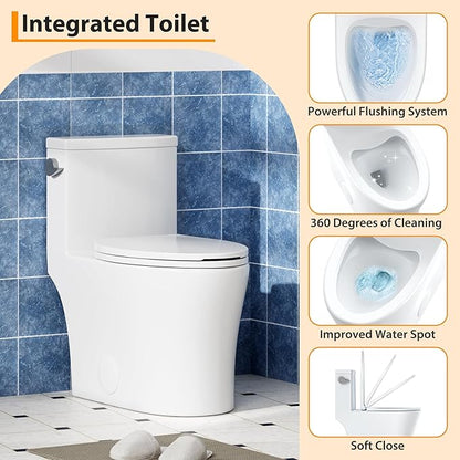 One-Piece Toilet for Bathroom, Comfort Height 16", Elongated with Under-Locking Lid, Soft Close Seat, Dual Flush, Powerful Flush