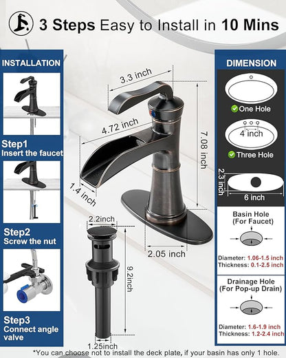 4 Inch Oil Rubbed Bronze Bathroom Faucet 1 Hole, Antique Brass Waterfall Faucet for Bathroom Sink, Single Handle Farmhouse Bathroom Faucets 3 Hole with Deck Plate, Supply Hoses & Pop-up Drain