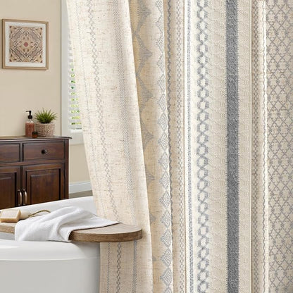 Light Grey Boho Linen Shower Curtain,72" W x 72" L | Linen Striped Print and Twine-Inspired Woven Center for Bathroom