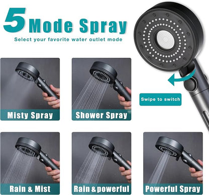 Handheld Filter RV Shower Head with ON OFF Switch | 5 Mode High Pressure Spray,for RV,Camper,Bathroom,Stainless Steel Shower Hose,No Drilling Wall Mount Adhesive Shower Holder