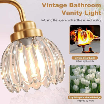 Vintage Bathroom Vanity Light, 4 Light Brushed Gold Fixture Over Mirror | Vintage Vanity Light, Brushed Gold Metal & Crystal Glass Shade, 4 Light Fixture Over Mirror for Bathroom Bedroom
