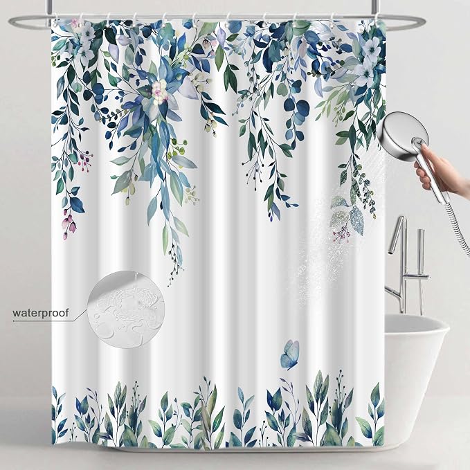 Dark Blue Floral Eucalyptus Shower Curtain with Hooks, 72x72 Inch | Waterproof Fabric, Watercolor Leaves and Floral, Botanical Style, Machine Washable, Quick-Drying, for Hotel Bathroom