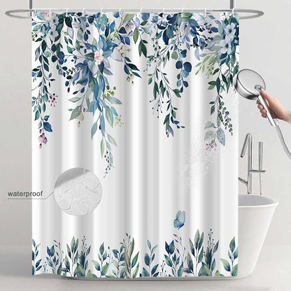 Dark Blue Floral Eucalyptus Shower Curtain with Hooks, 72x72 Inch | Waterproof Fabric, Watercolor Leaves and Floral, Botanical Style, Machine Washable, Quick-Drying, for Hotel Bathroom