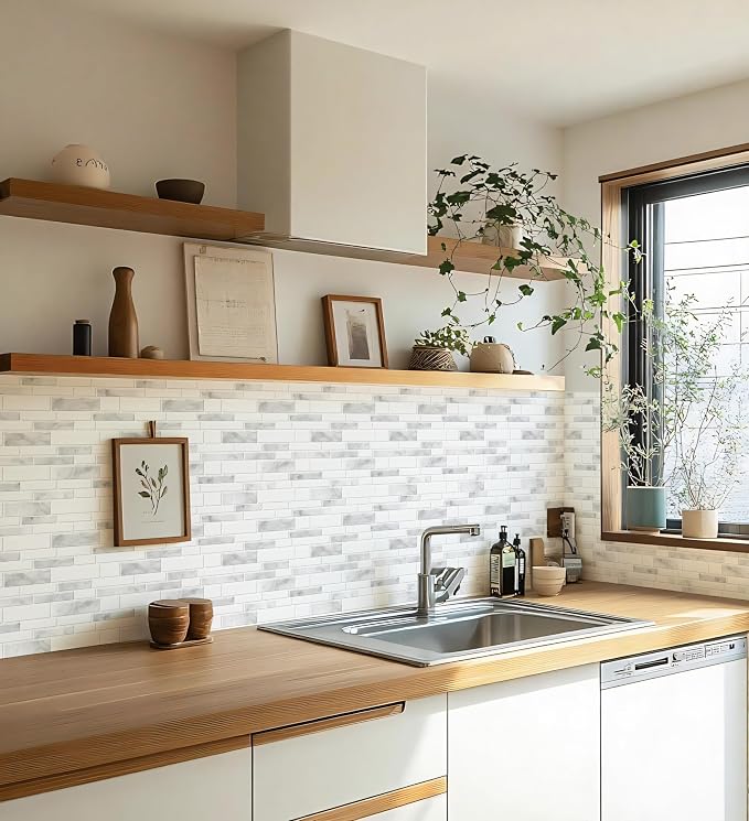 10 Sheets Peel and Stick Backsplash, 12"x12" Peel and Stick Tiles, Marble Look Wall Tiles Backsplash for Kitchen and Bathroom, Livingroom,White and Gray