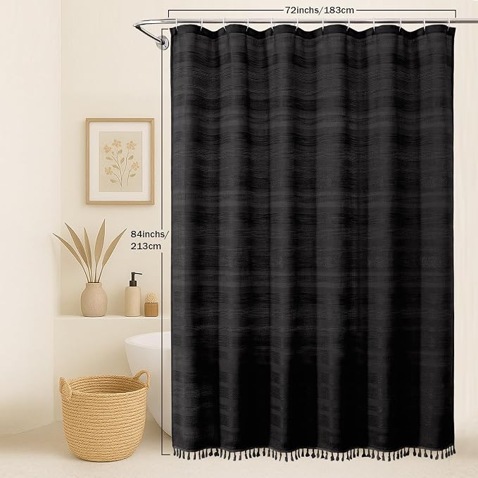 Extra Long Boho Stripe Shower Curtain 84 Inch Long, Modern Farmhouse Heavy Duty Linen Textured Soft Fabric, Rustic Country Cloth Shower Curtain with Tassel for Bathroom Hotel, 72Wx84L, Black
