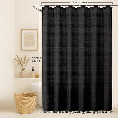 Extra Long Boho Stripe Shower Curtain 84 Inch Long, Modern Farmhouse Heavy Duty Linen Textured Soft Fabric, Rustic Country Cloth Shower Curtain with Tassel for Bathroom Hotel, 72Wx84L, Black