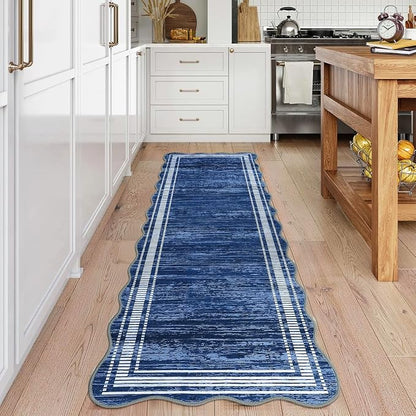 Garvee Washable Runner Rug 2x6 Solid Scalloped Kitchen Runner Navy Blue | Modern Long Runner Rug for Entryway Bedroom, Non Slip Low Pile Solid Runner Rugs for Entryway, Nursery Rugs Runner