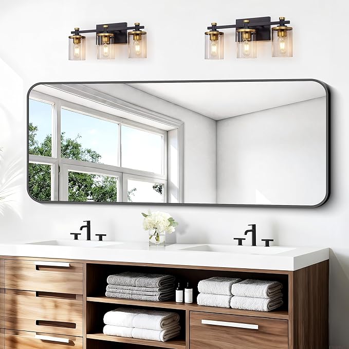 BONEWEI 24x60 inch Bathroom Mirror,Black Rectangle Mirror,Wall Mounted Bathroom Frame Vanity Mirror with Round Corner for Bedroom Living Room,Entryway Hangs Horizontal or Vertical