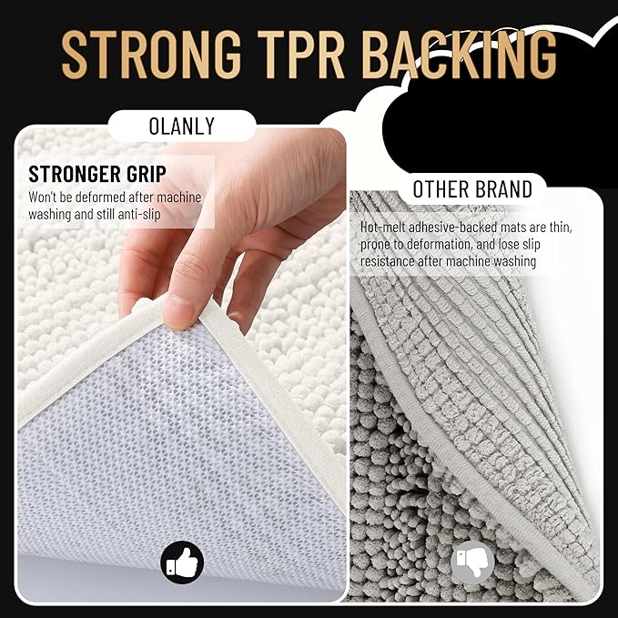 OLANLY Thick Small Bathroom Rugs 24x16, Soft Chenille Bath Rugs, Ivory | Rubber Backing, Machine Wash, Extra Absorbent Striped Bath Mats for Bathroom Floor, Tub and Shower, Home Decor Accessories